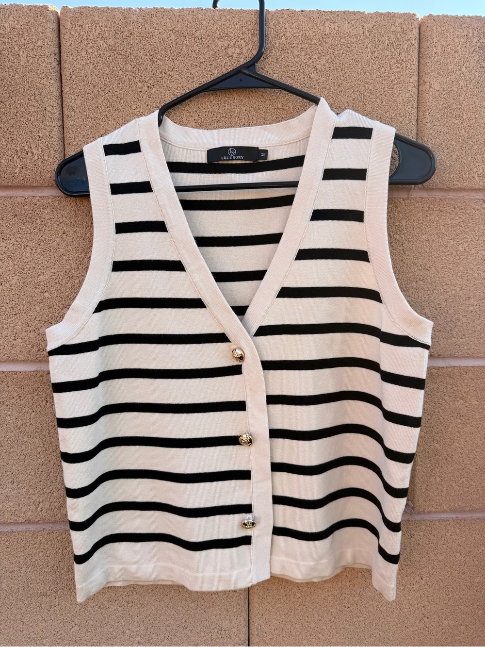 Black and Cream Striped Sleeveless Button Vest